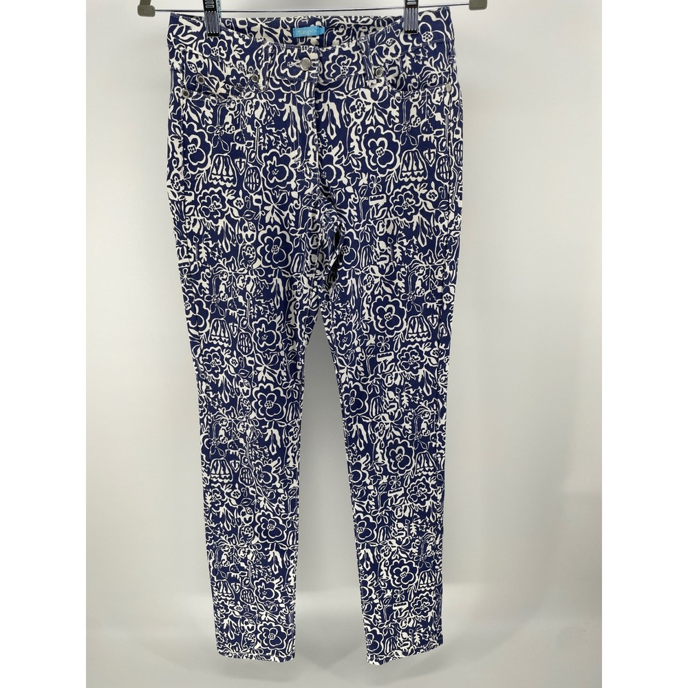 J.McLaughlin Pants Women 2 Blue White Excellent Floral Print Skinny Slim Stretch